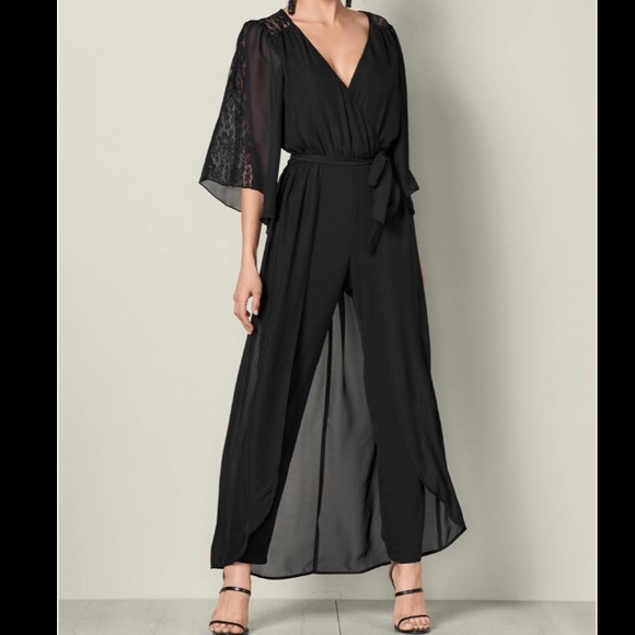 VENUS Pants - Lace Detail Jumpsuit with Chiffon Overlay